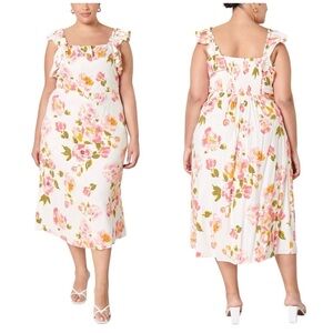 Sugarlips Curve Magdalena Floral Ruffle Trim Milo Midi Dress in Pink & White